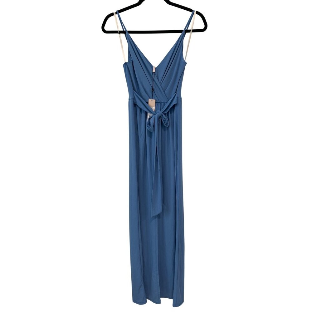 BCBGeneration Faux Wrap Tie Waist Maxi Dress Womens XS Riviera Blue Elegant NEW